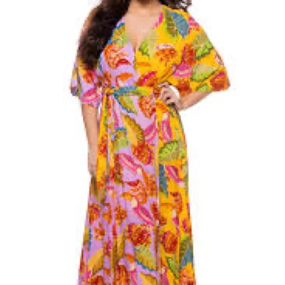 FARM RIO MIXED BEAKS & BANANAS VISCOSE WRAP MAXI DRESS MULTICOLOR SIZE LARGE NEW - Picture 4 of 11